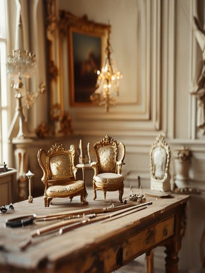 TAYA Miniature atelier — gilded baroque chairs on a sculptor's workbench